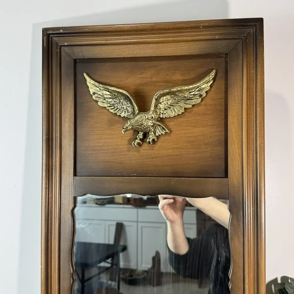 Vintage Wall Mirror with Brass Eagle Appliqué Wood Frame Colonial Decor